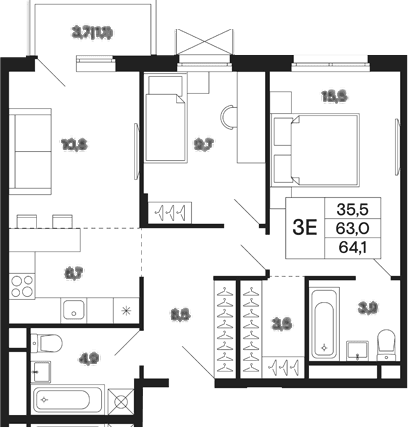 Планировка: Евротрёшка 63 м² в ЖК «Базаева 11»