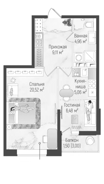 Планировка: Евродвушка 46,1 м² в ЖК «Рига Хиллс»