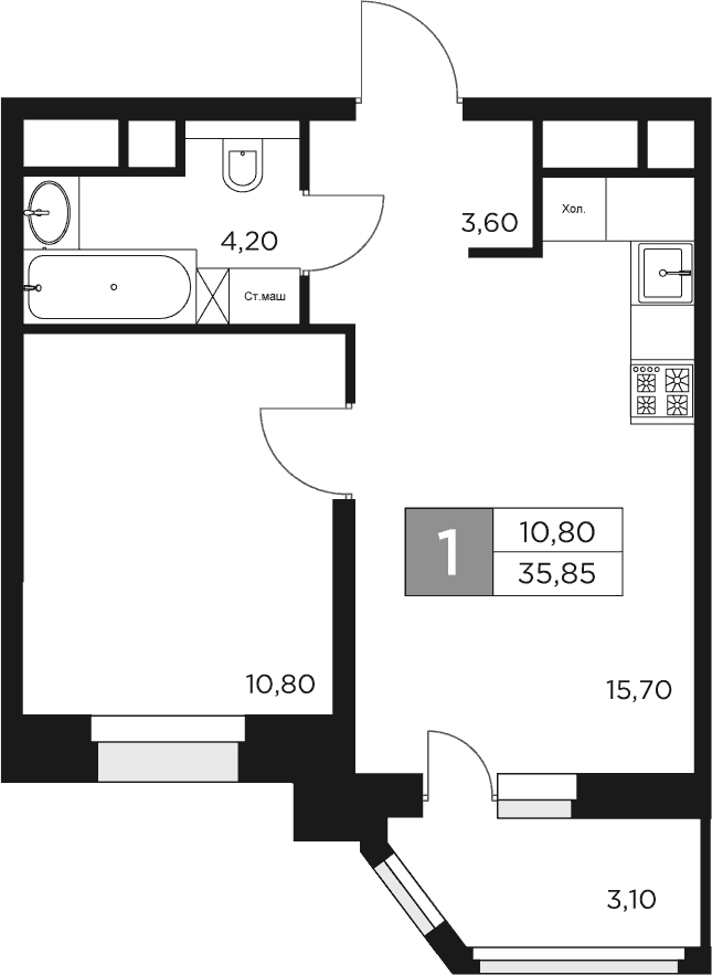 Планировка: Евродвушка 34,3 м² в ЖК «Восток 2»