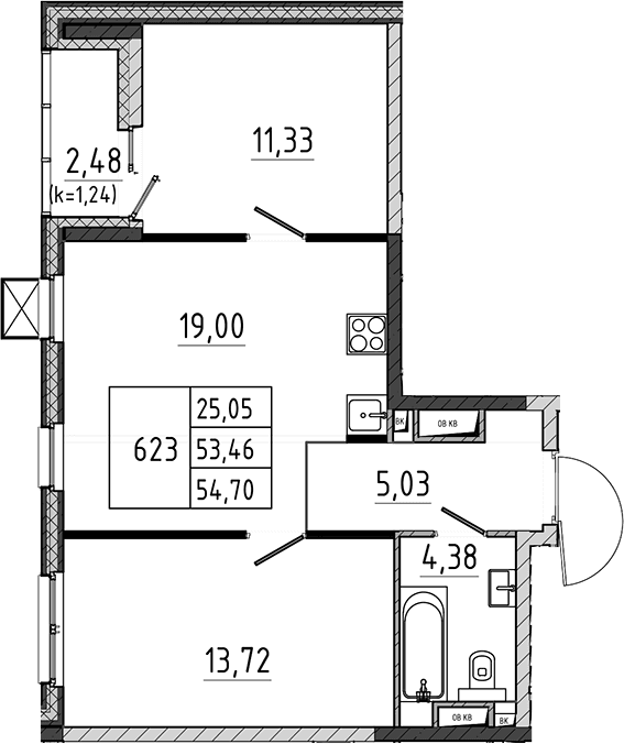 Планировка: Евротрёшка 53,5 м² в ЖК «Поварово-Молодежный-2»