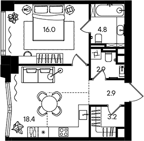 Планировка: Евродвушка 48,2 м² в ЖК «СТОУН Блик»