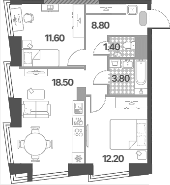 Планировка: Евротрёшка 56,2 м² в ЖК «Обручева 30»