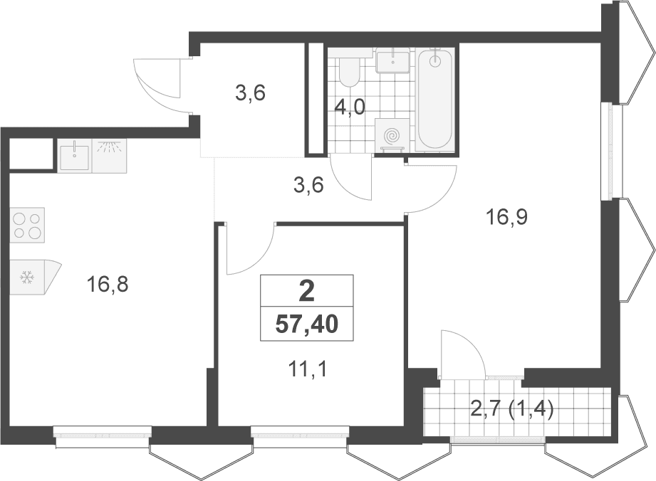 Планировка: Евротрёшка 56 м² в ЖК «Деснаречье»