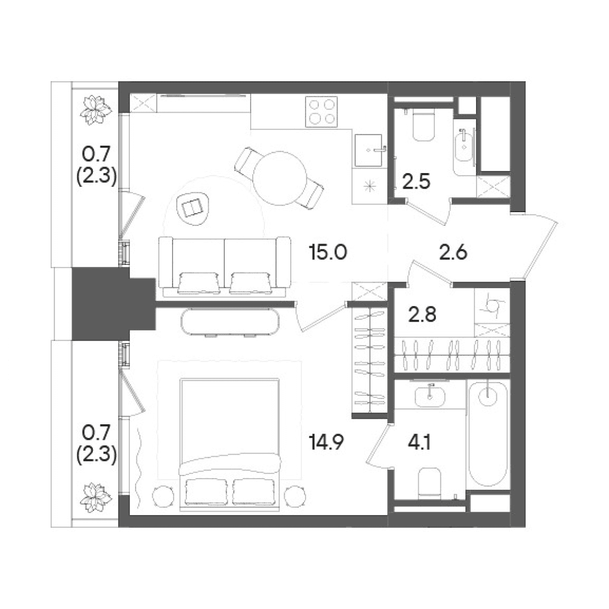 Планировка: Евродвушка 41,9 м² в ЖК «СТОУН Грэйн»