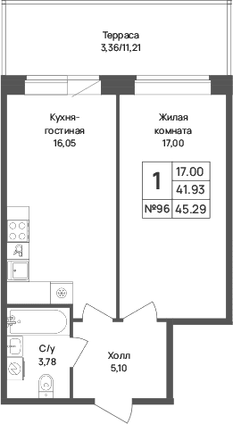 Планировка: Евродвушка 41,9 м² в ЖК «Капральский берег»
