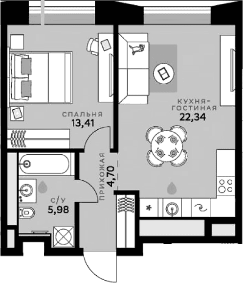 Планировка: Евродвушка 46,4 м² в ЖК «СберСити»