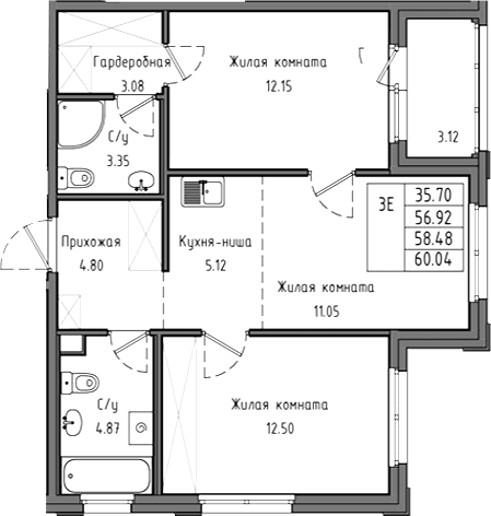 Планировка: Евротрёшка 56,9 м² в ЖК «Тишин»