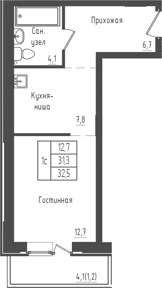 Планировка: Студия 31,3 м² в ЖК «Зеленый город»