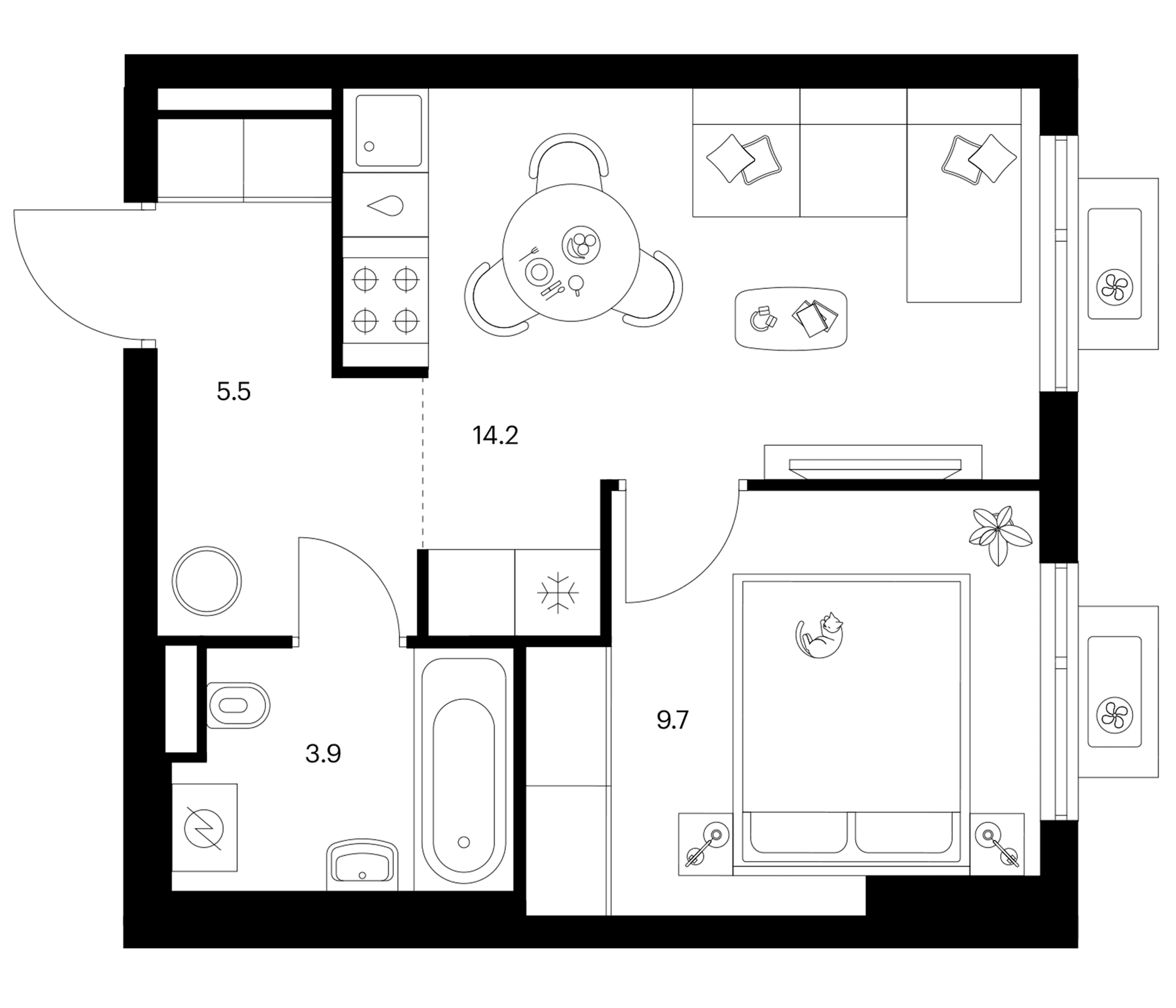 Планировка: 1-комнатная квартира 33,3 м² в ЖК «Белая Дача парк»