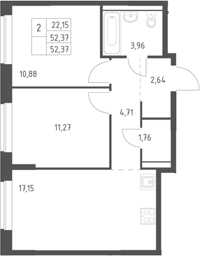 Планировка: Евротрёшка 52,4 м² в ЖК «Егорово парк»