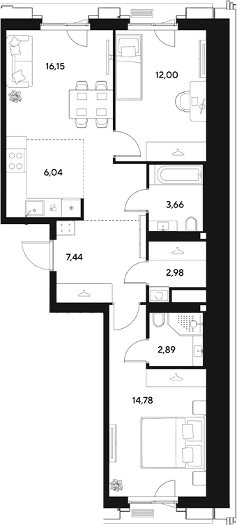Планировка: Евротрёшка 65,9 м² в ЖК «ЭВО»