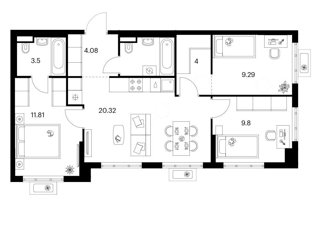 3-комнатная квартира
