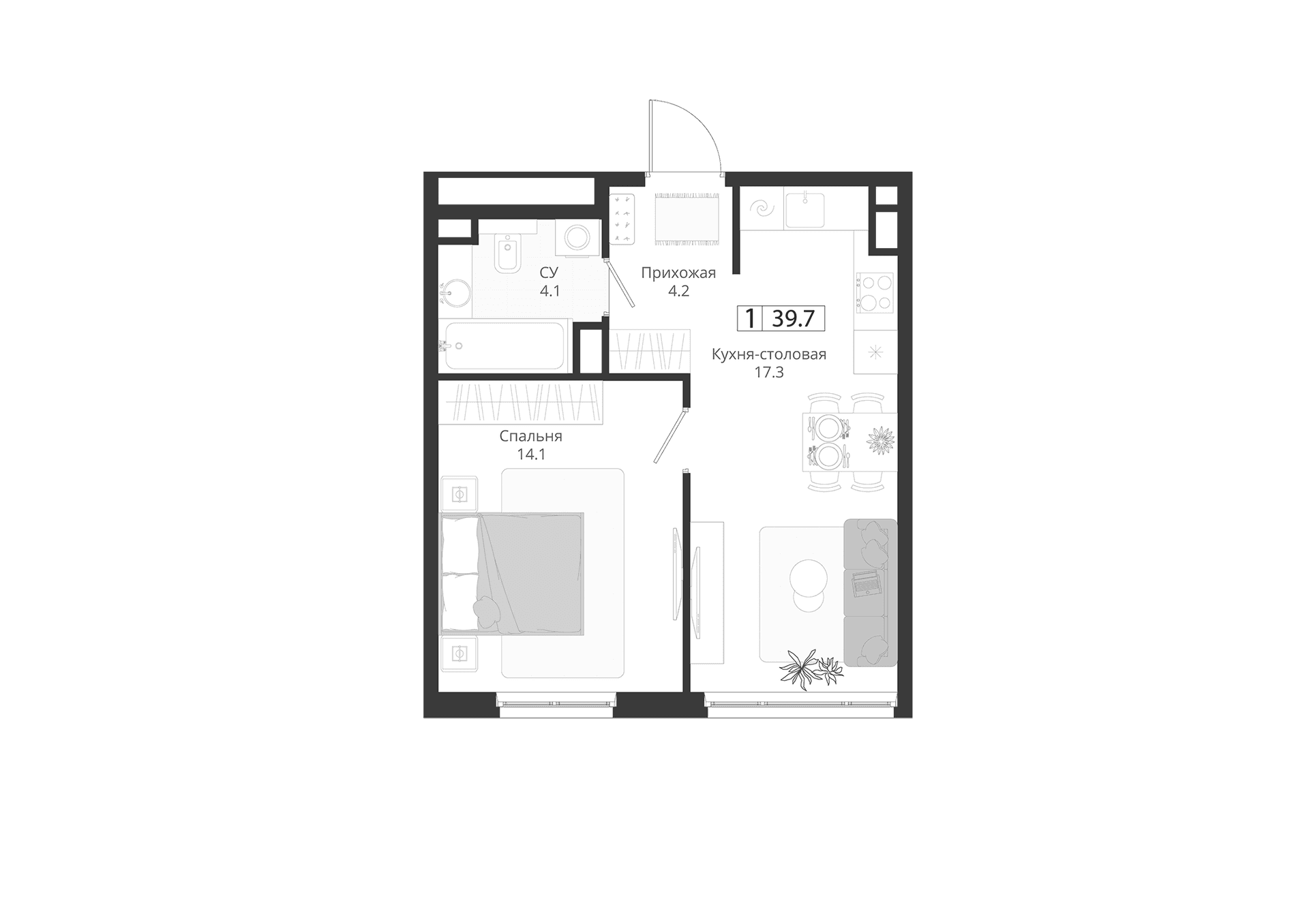Планировка: Евродвушка 39,7 м² в ЖК «ГРЭЙ»