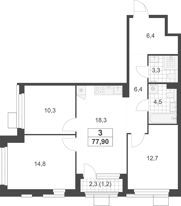 Планировка: Квартира евро-4 76,7 м² в ЖК «Южные сады»