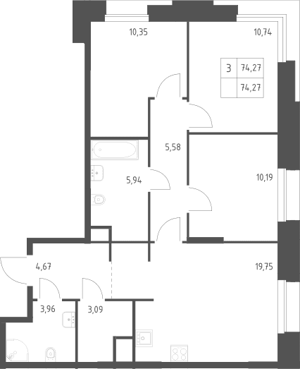 Планировка: 3-комнатная квартира 74,3 м² в ЖК «Тропарево Парк»