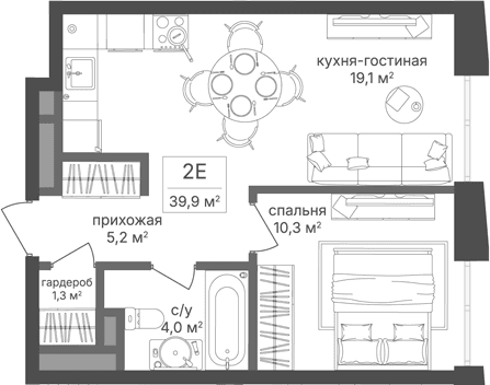 Планировка: Евродвушка 39,9 м² в ЖК «Семеновский парк 2»