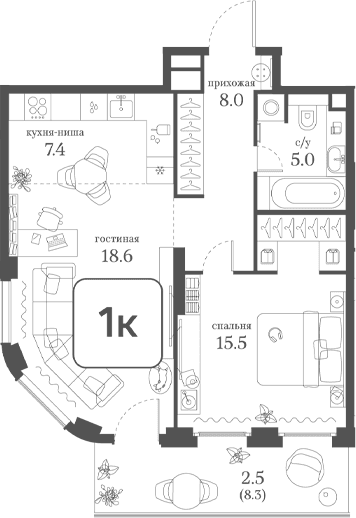 Планировка: 1-комнатная квартира 54,5 м² в ЖК «Муза»