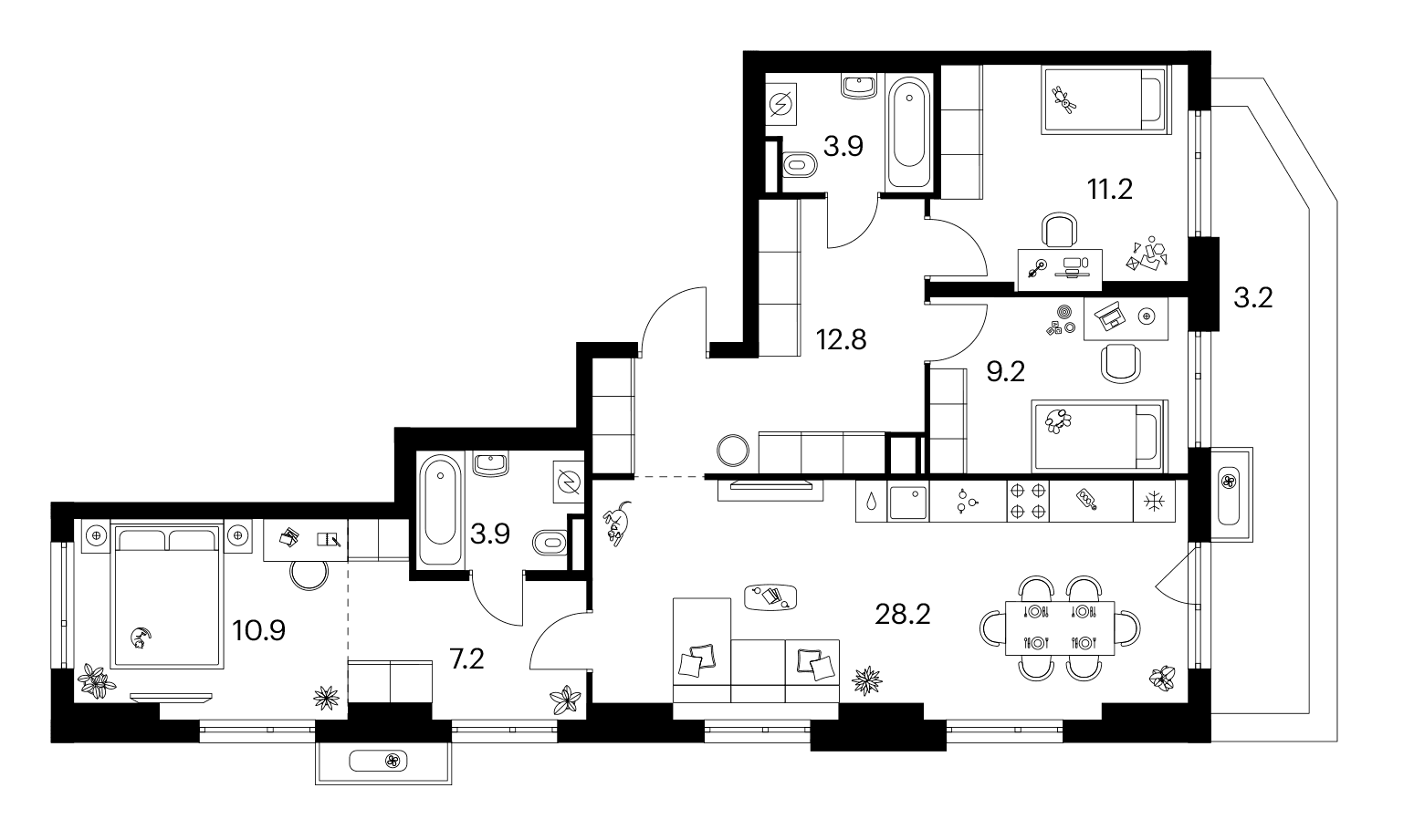 Планировка: 3-комнатная квартира 87,3 м² в ЖК «Зеленый парк»