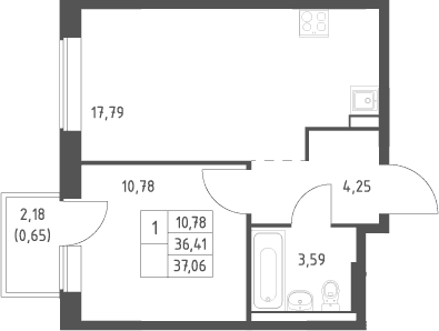 Планировка: Евродвушка 36,4 м² в ЖК «Большое Юрлово»