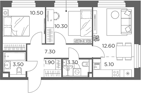 Планировка: Евротрёшка 54,5 м² в ЖК «Белый Град»