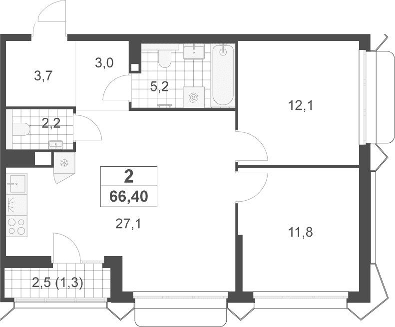 Планировка: Евротрёшка 65,1 м² в ЖК «Деснаречье»