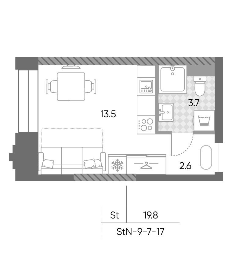 Планировка: Студия 19,8 м² в ЖК «ЗилАрт»