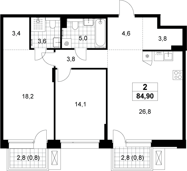 Планировка: Евротрёшка 83,3 м² в ЖК «Хольм»
