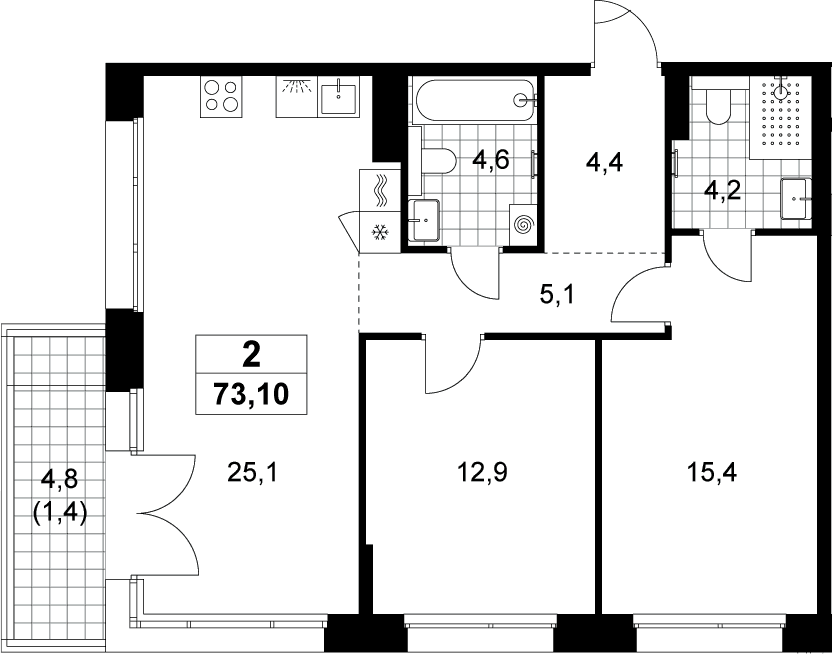 Планировка: Евротрёшка 71,7 м² в ЖК «Хольм»