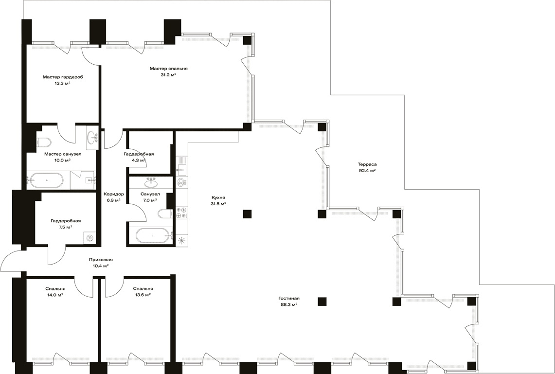Планировка: Квартира евро-4 237,9 м² в ЖК «Опус»