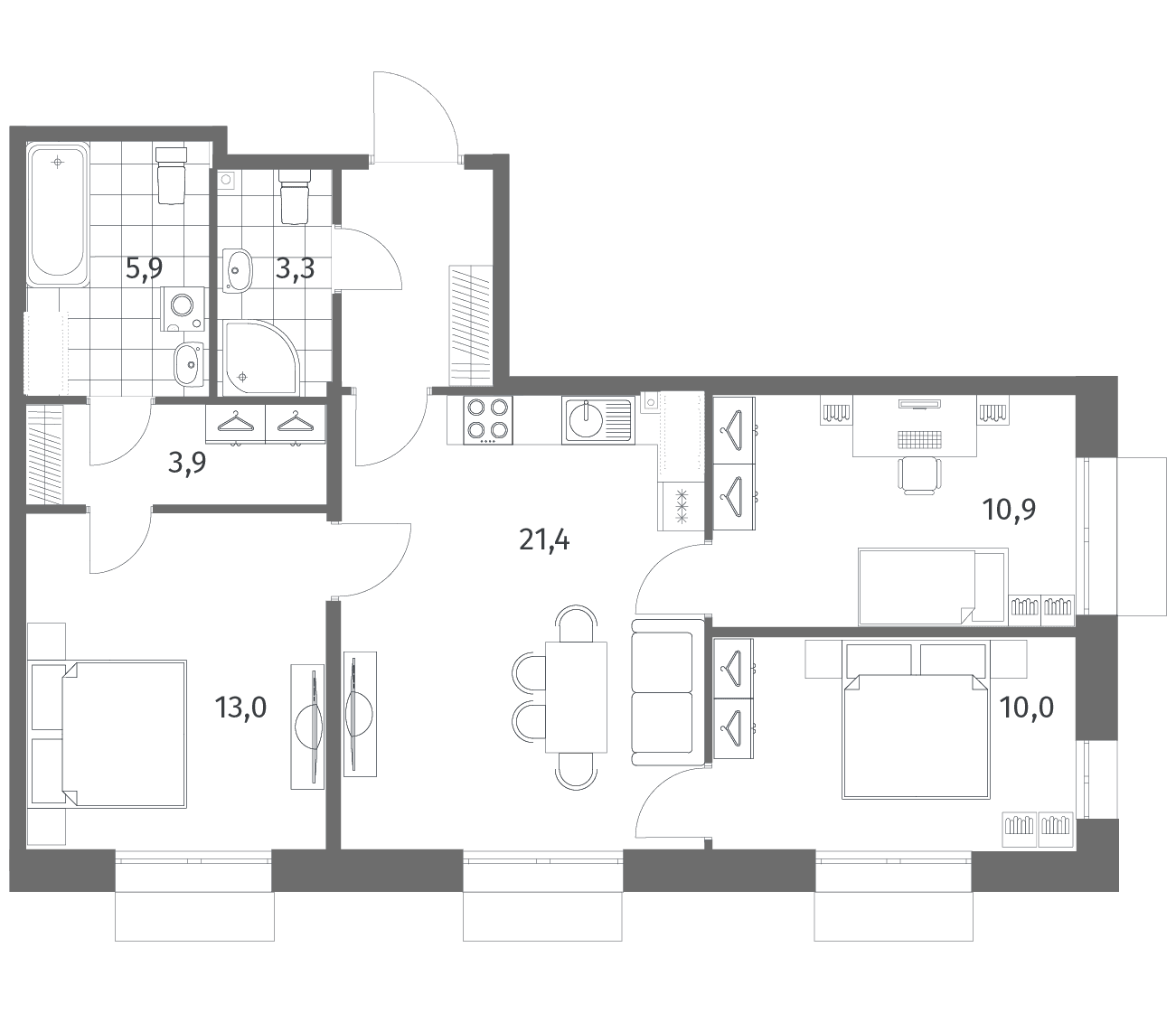 Планировка: Квартира евро-4 72,6 м² в ЖК «Парусная 1»