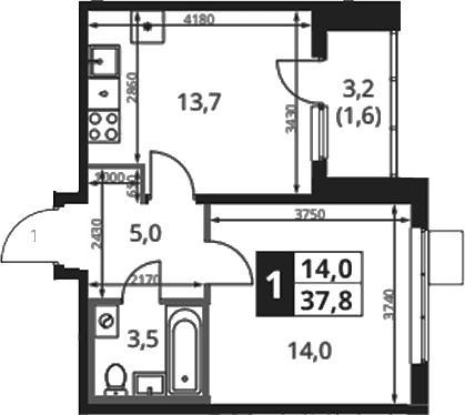 Планировка: 1-комнатная квартира 36,2 м² в ЖК «1-й Ясеневский»