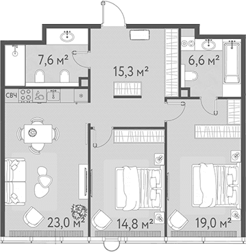 Планировка: Евротрёшка 86,3 м² в ЖК «ОНЕ»