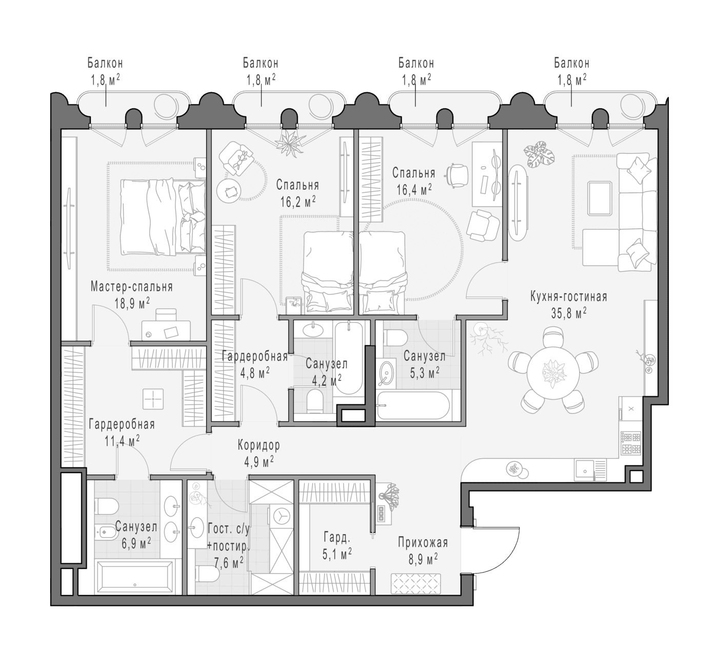 Планировка: Квартира евро-4 149,2 м² в ЖК «Клубный квартал Фрунзенский»