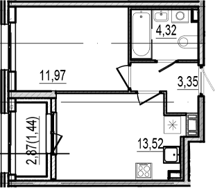 Планировка: 1-комнатная квартира 33,2 м² в ЖК «Оптимист»