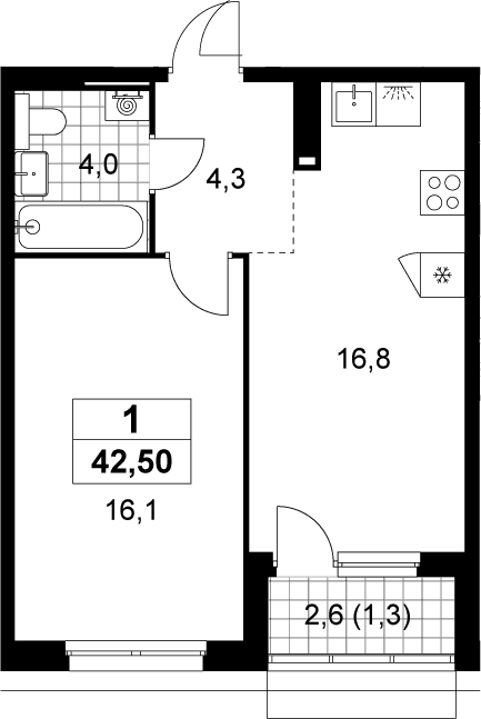 Планировка: Евродвушка 41,2 м² в ЖК «Деснаречье»