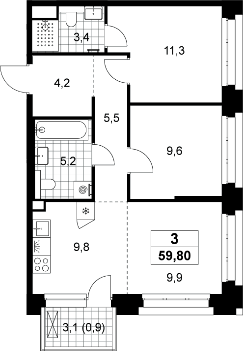 Планировка: Евротрёшка 58,9 м² в ЖК «Хольм»