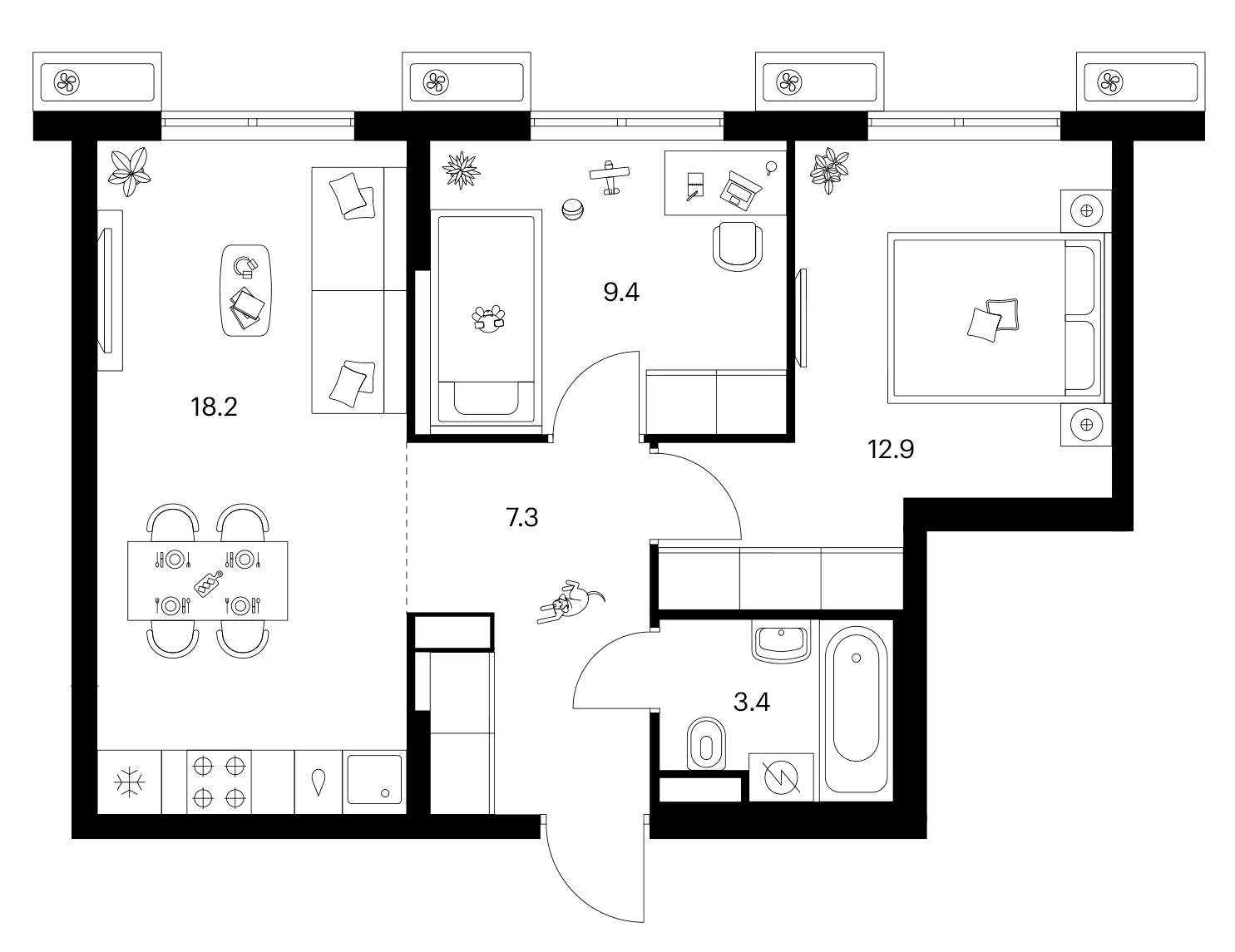 Планировка: 2-комнатная квартира 51,2 м² в ЖК «Ярославский»