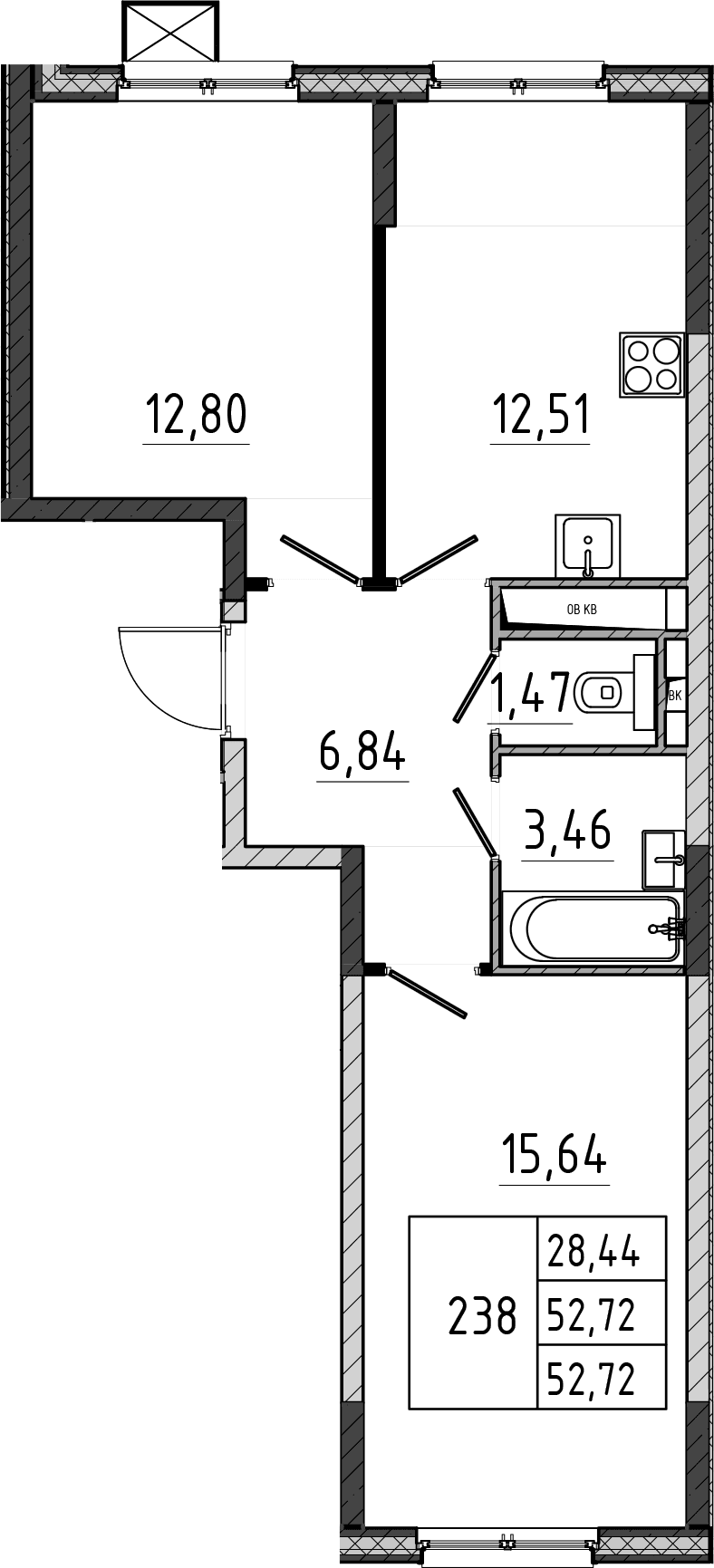 Планировка: 2-комнатная квартира 52,7 м² в ЖК «Поварово-Молодежный-2»