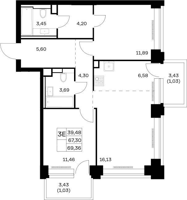 Планировка: Евротрёшка 67,3 м² в ЖК «НОВА»