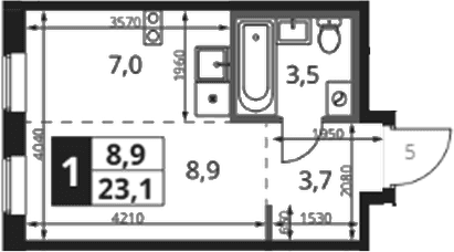 Планировка: Студия 23,7 м² в ЖК «1-й Ясеневский»