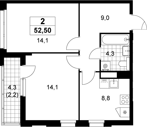 Планировка: 2-комнатная квартира 50,3 м² в ЖК «Деснаречье»