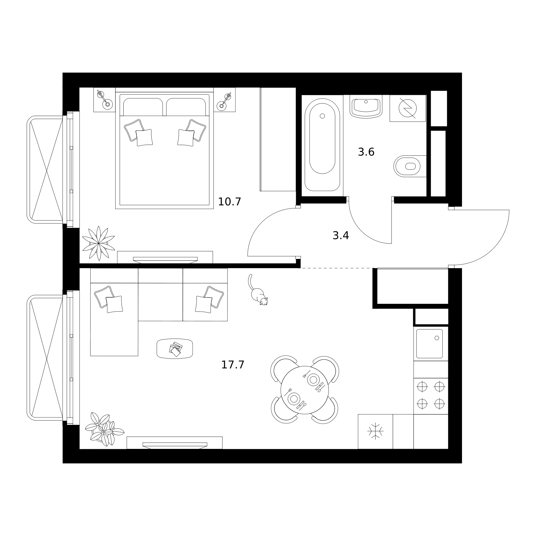 Планировка: 1-комнатная квартира 35,4 м² в ЖК «2-й Иртышский»