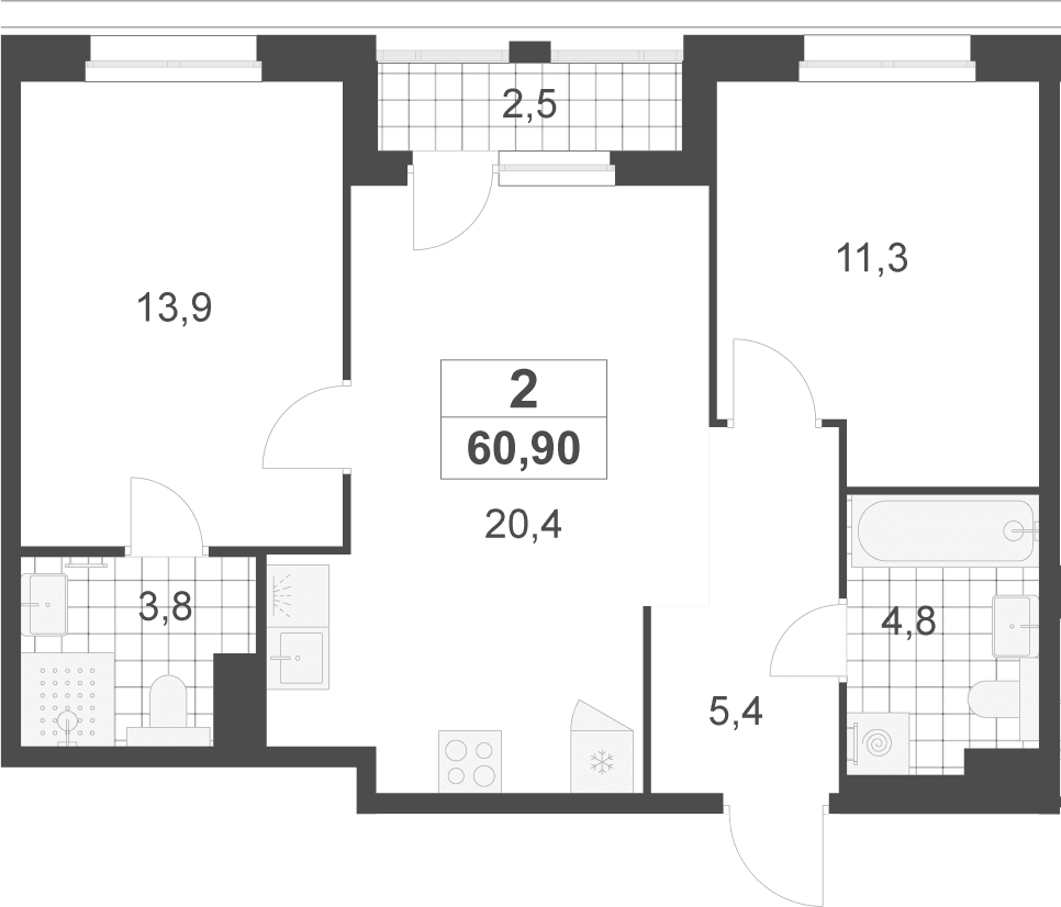 Планировка: Евротрёшка 59,6 м² в ЖК «Деснаречье»