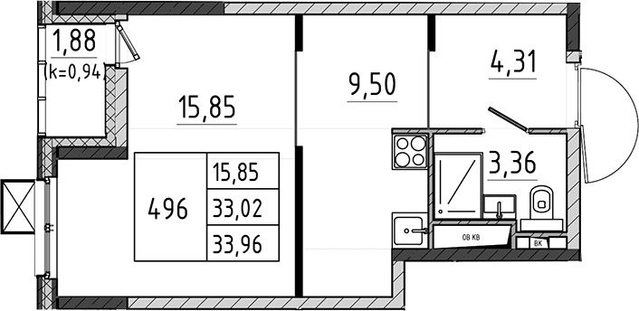 Планировка: Студия 33 м² в ЖК «Поварово-Молодежный-2»