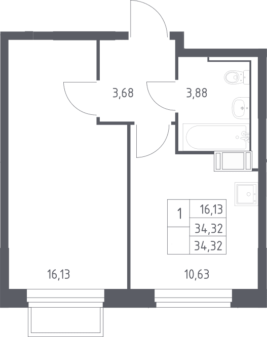 Планировка: 1-комнатная квартира 34,3 м² в ЖК «Томилино Парк»