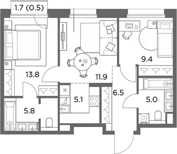 Планировка: Евротрёшка 57,5 м² в ЖК «Станиславский»