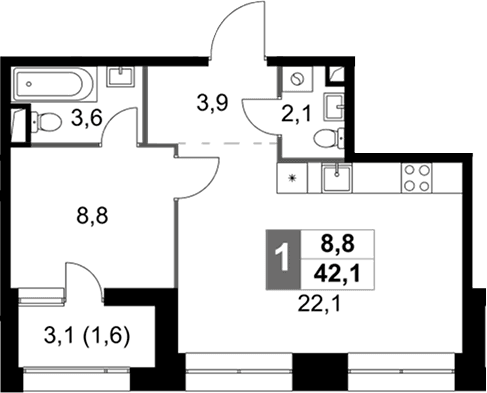Планировка: Евродвушка 40,5 м² в ЖК «Скай Гарден»