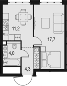 Планировка: 1-комнатная квартира 37,2 м² в ЖК «Левел Южнопортовая»