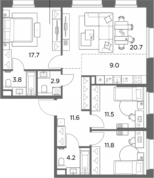 Планировка: Квартира евро-4 93,2 м² в ЖК «Станиславский»