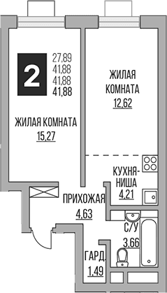 Планировка: Евродвушка 41,9 м² в ЖК «Гранель Ильинойс»